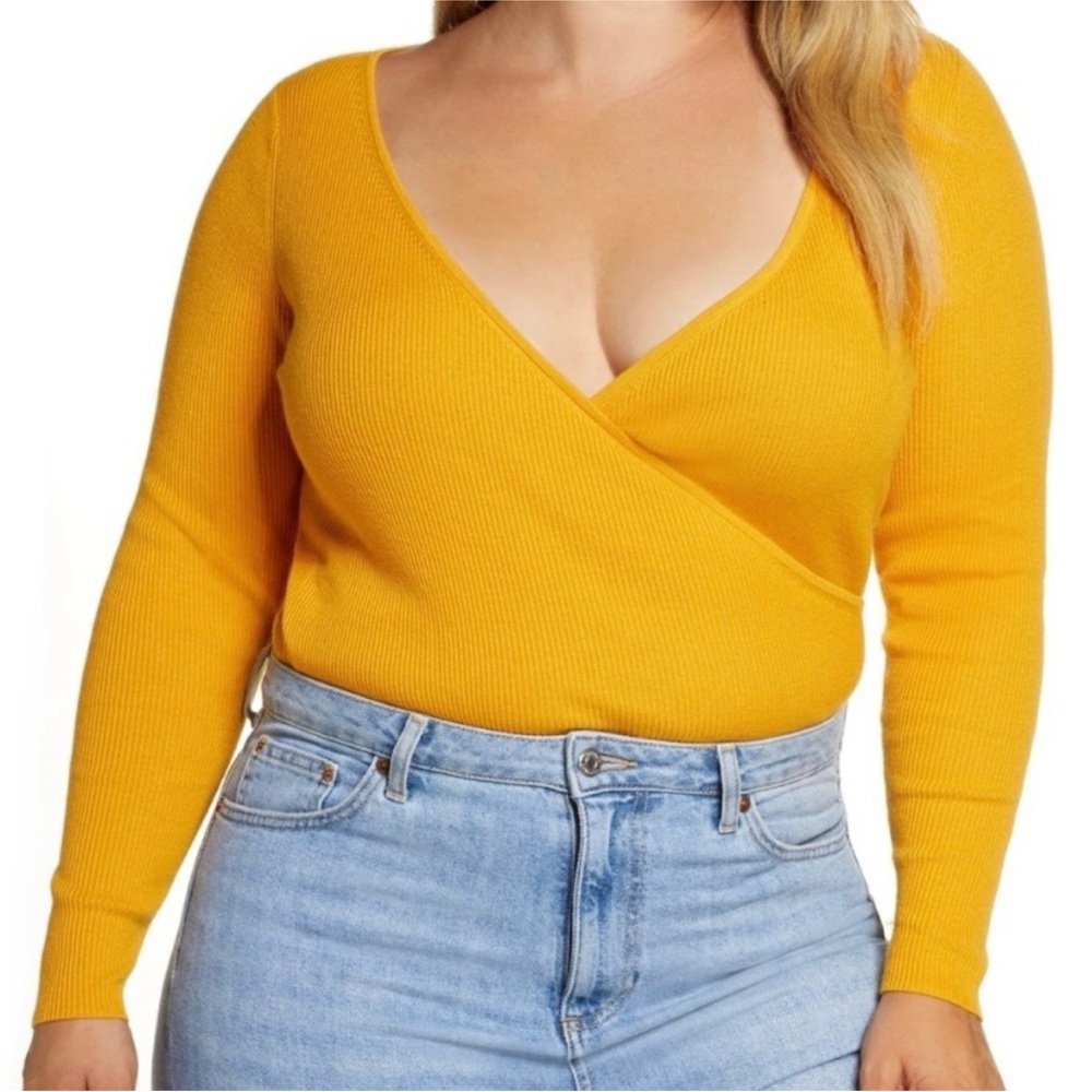 NWT Leith Faux Wrap Mustard Yellow Long Sleeve Ribbed Sweater size XL